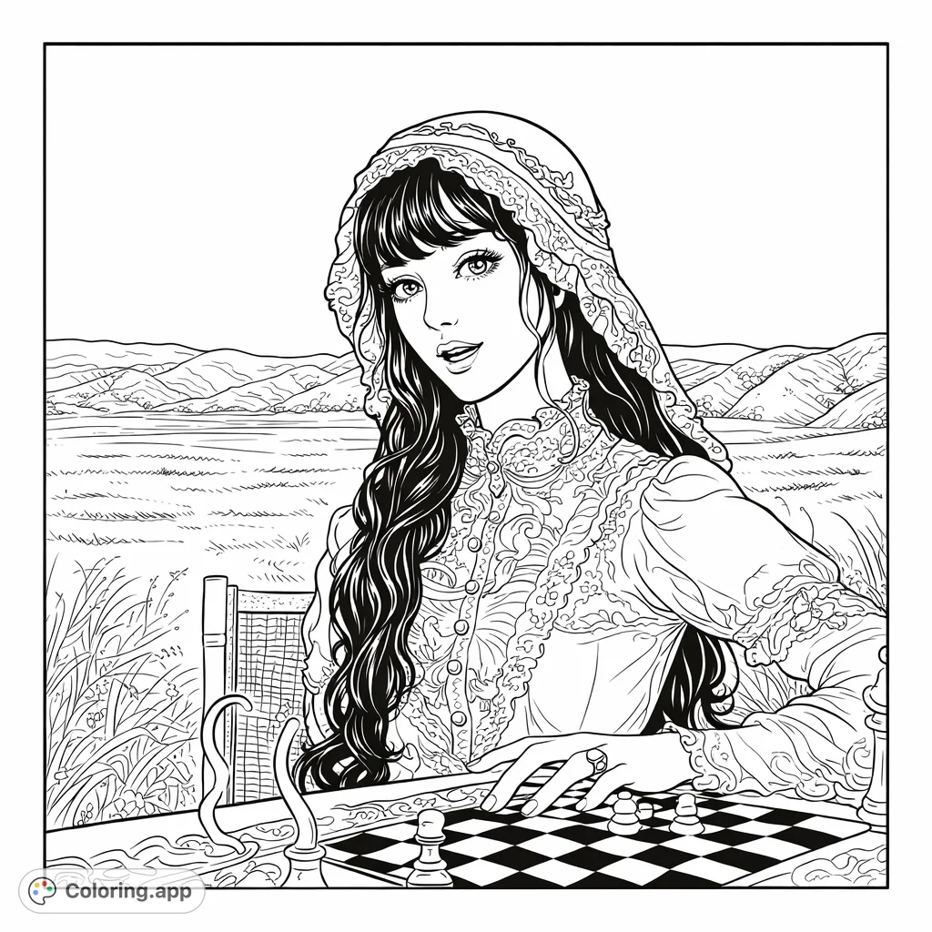 Color a young woman in vintage lace attire and bonnet, set against a vast landscape of rolling hills. An intricate design for mindful coloring.