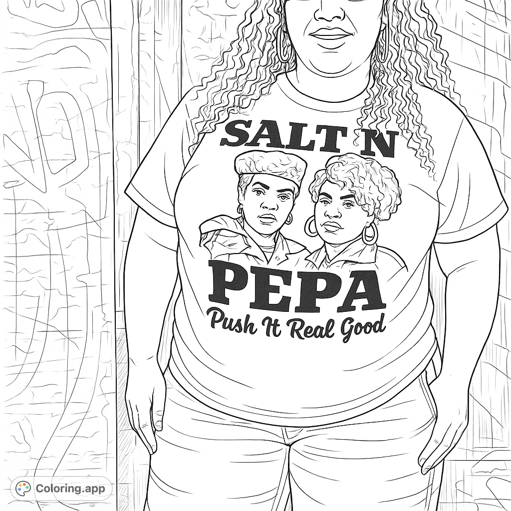 A dynamic coloring page featuring a person wearing an iconic Salt-N-Pepa tribute t-shirt against an urban backdrop, celebrating hip-hop legends.