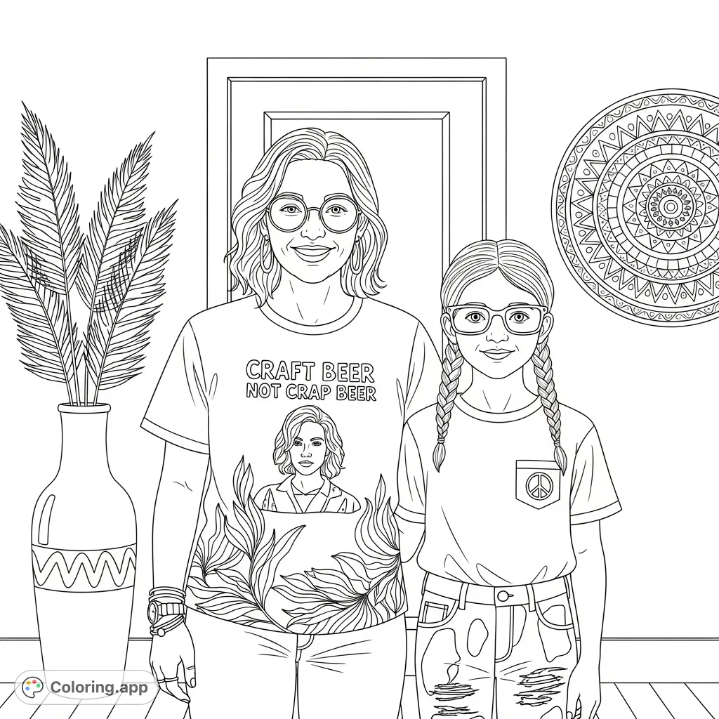 A charming coloring page featuring a smiling adult and child with unique outfits and glasses, standing side-by-side indoors with a decorative background.