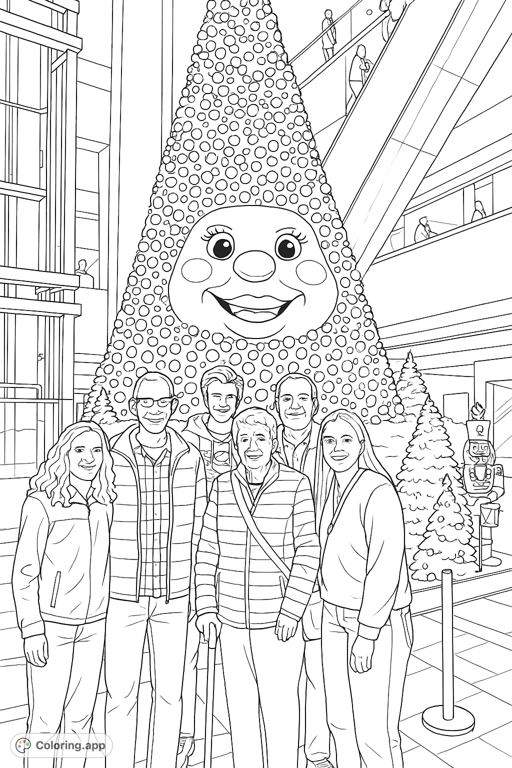 A heartwarming festive family gathering in front of a grand decorated holiday tree with a whimsical character face, surrounded by holiday cheer.