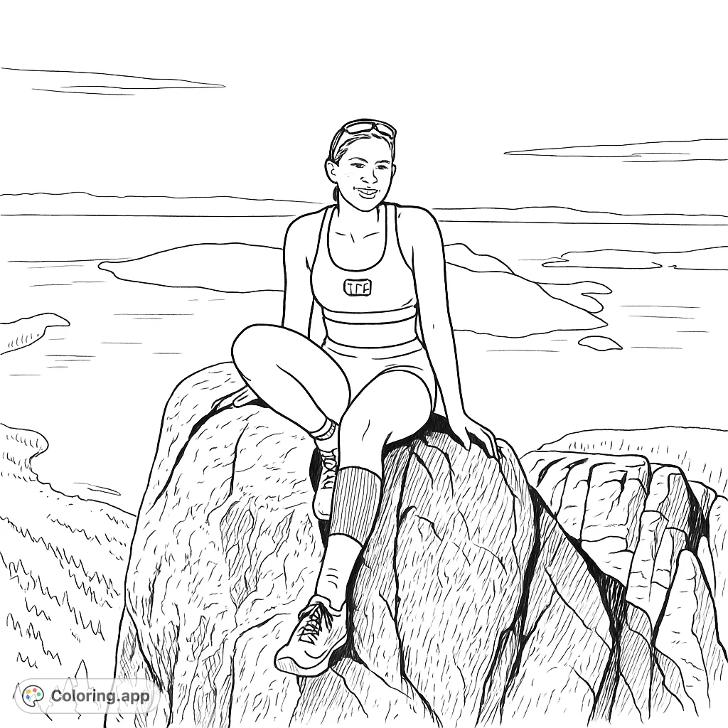 A young woman triumphantly perched on a mountain summit, gazing at a panoramic view of islands and vast waters. A majestic landscape adventure.