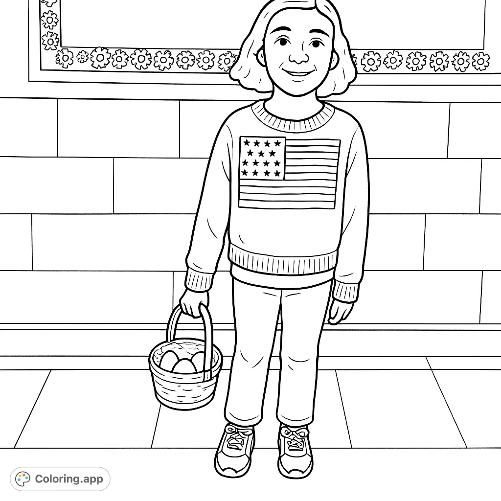 A cheerful girl wearing a patriotic sweater, holding a basket with eggs, stands in a room with a decorated wall. Perfect for festive coloring fun!