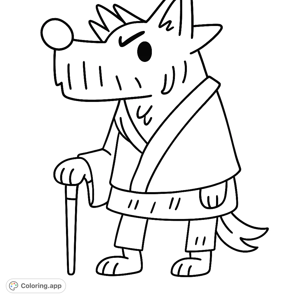Color this charming, wise wolf character holding a walking stick. A fun, easy printable cartoon character coloring page for all ages to enjoy.