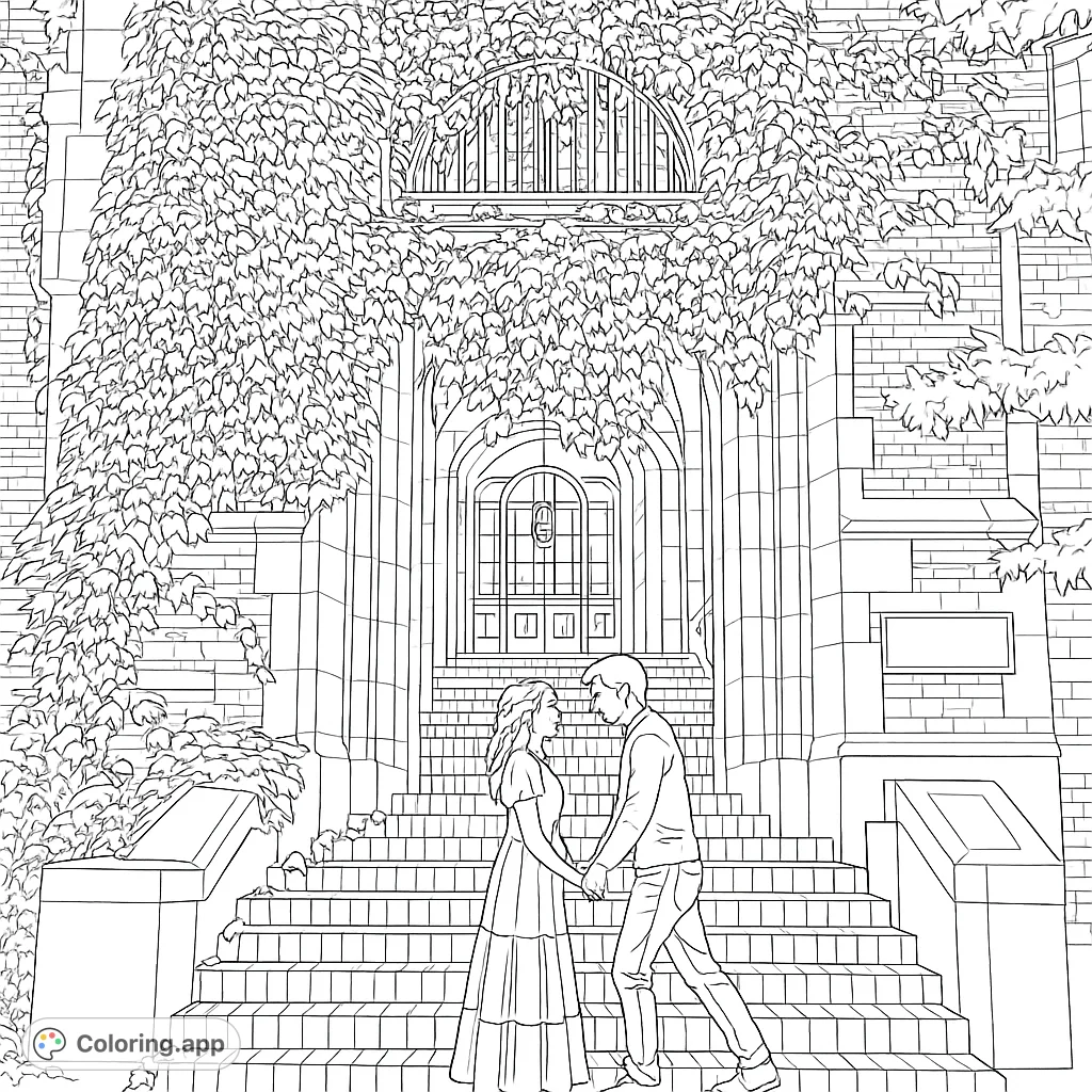 A charming couple stands hand-in-hand on grand steps before an impressive, ivy-covered brick building, inviting colorists to capture the romantic scene.