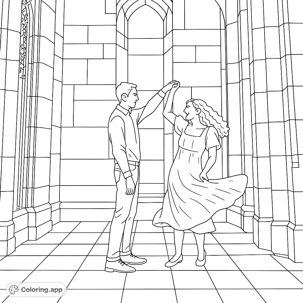 Capture the joy of a dancing couple in an elegant architectural setting. Perfect for romantic moments and intricate detailing.