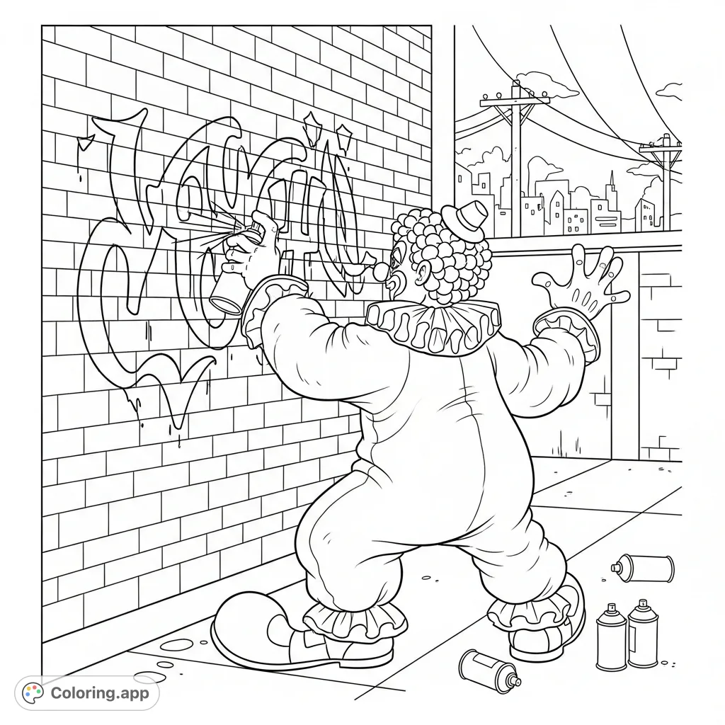A vibrant clown sprays colorful graffiti onto a brick wall in a city alley. A fun and expressive free printable coloring page for all ages.