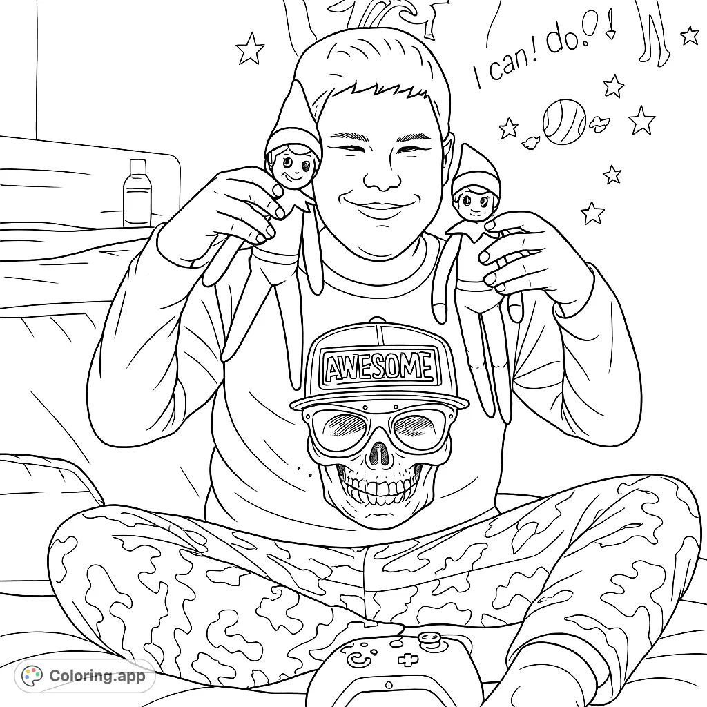 A cheerful boy holds two festive elf dolls, showcasing a fun scene with playful elements and a detailed skull graphic shirt. Perfect for holiday spirit!