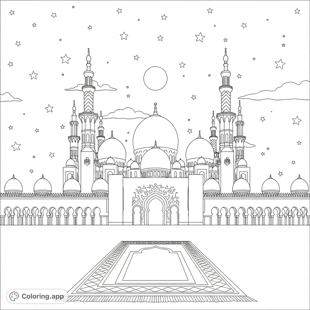 Color a grand Mosque under a star-filled night sky, complete with a large moon and a detailed prayer rug. A serene and majestic scene awaits your creativity.