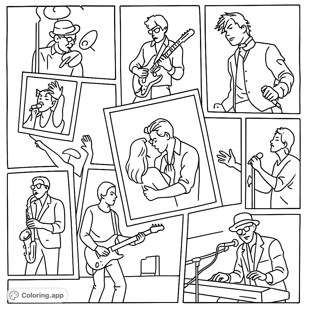 A dynamic rock band collage featuring musicians performing on stage, playing instruments, and singing. Perfect for music enthusiasts and creative expression.