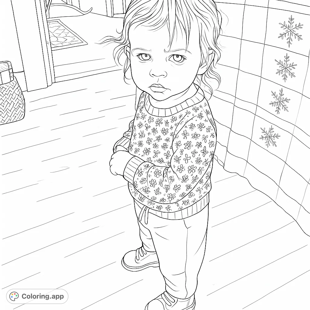 A charming portrait of a young child with a thoughtful expression, featuring intricate patterns on their clothing and surrounding elements for a delightful coloring experience.