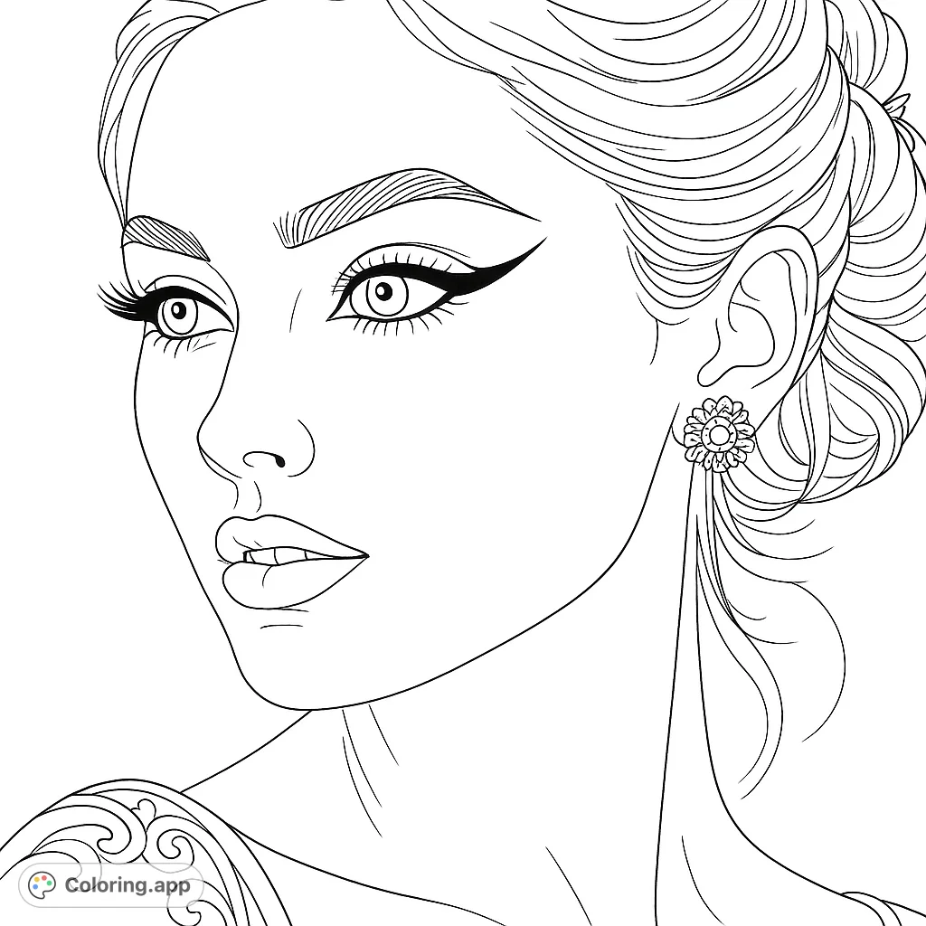 An elegant portrait of a woman with a sophisticated hairstyle, winged eyeliner, and a decorative earring. Perfect for fashion and beauty enthusiasts to color.