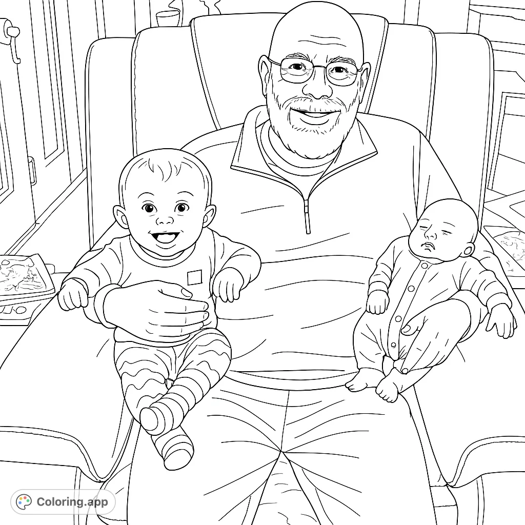 A heartwarming family scene featuring a smiling grandfather holding two adorable infants in a cozy recliner. Perfect for celebrating family bonds and generations.