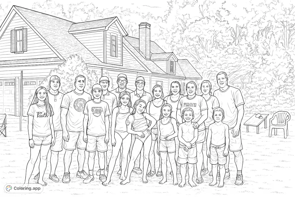 Capture a joyous moment with family and friends in a detailed backyard scene, featuring a large group of people and a charming house.