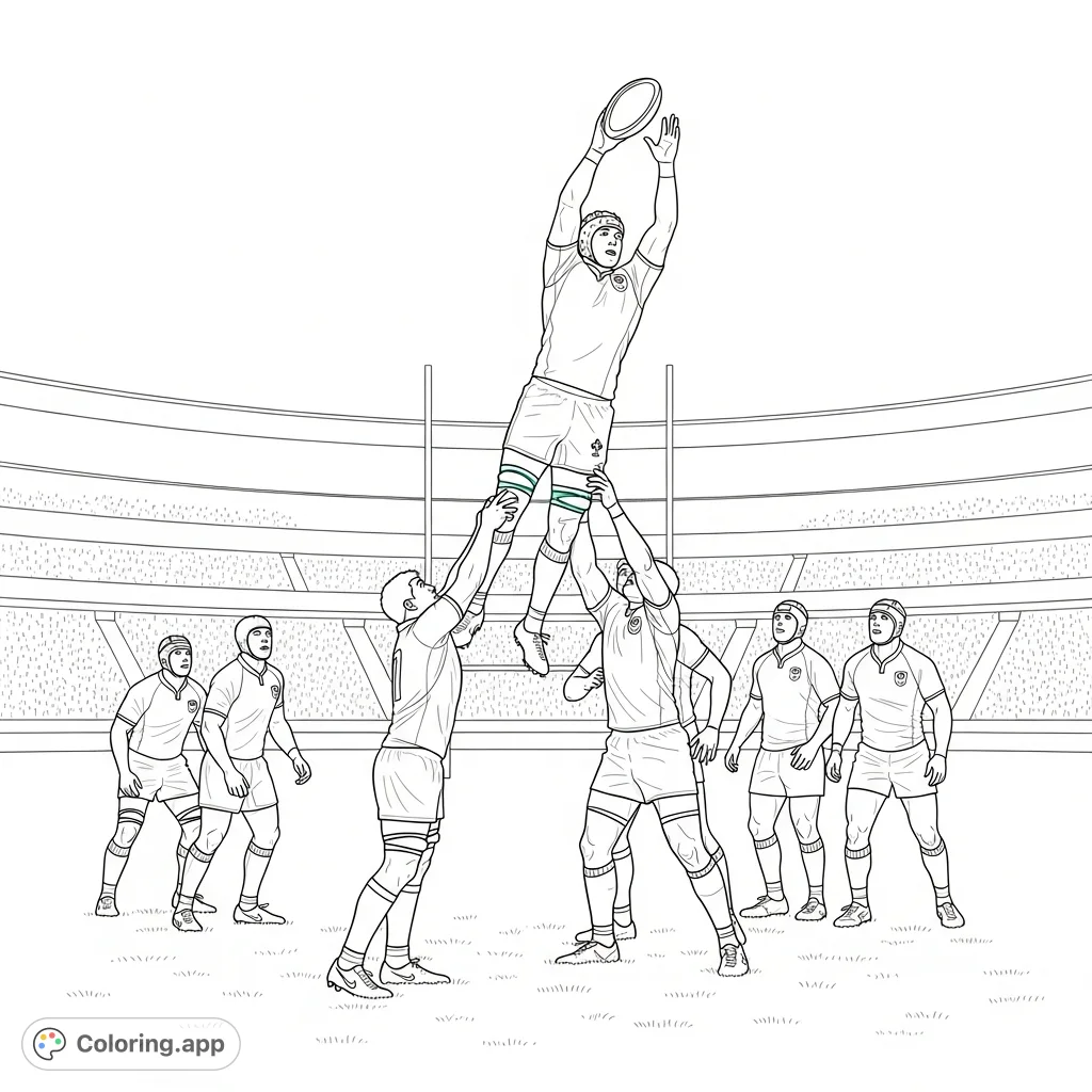 Dynamic Irish Rugby player lifted high in a lineout, reaching for the ball above teammates. Intense stadium action with players poised on worn grass.
