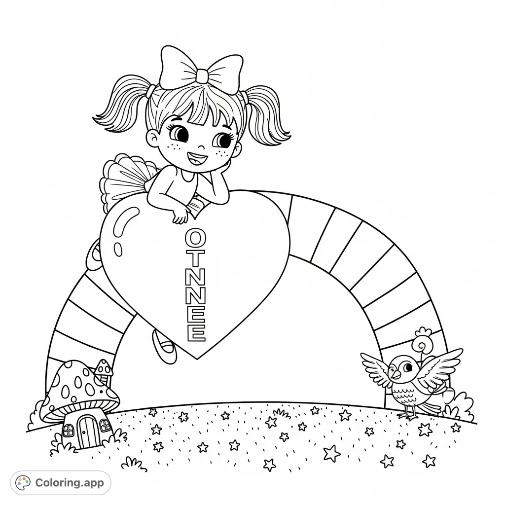 A cheerful cartoon girl with pigtails stands atop a large heart with vertical text. A grand arch spans behind, complemented by a mushroom house and stars on the ground.