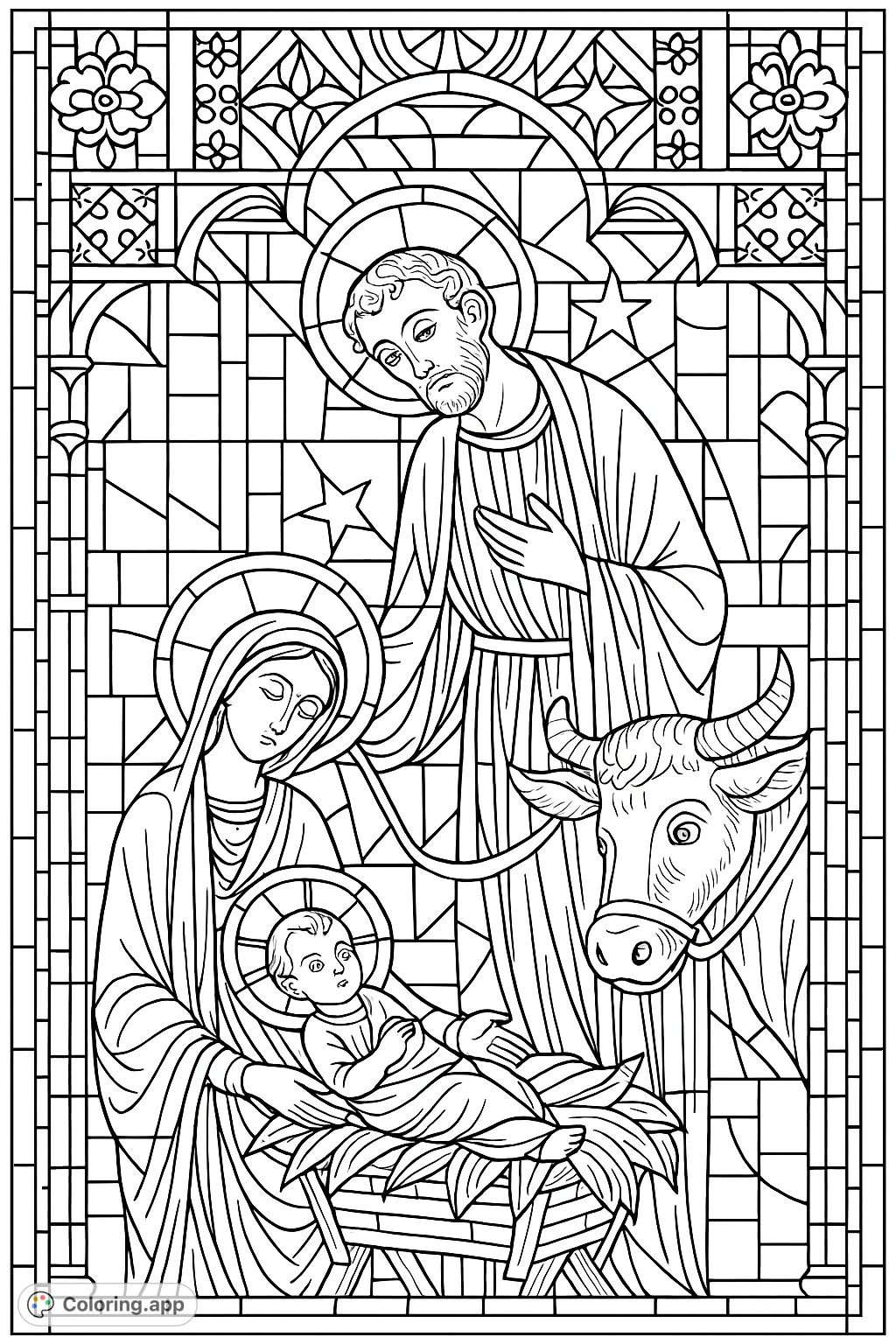 An exquisite stained glass Nativity coloring page featuring Joseph, Mary, and the Infant, surrounded by intricate patterns and a gentle ox. A beautiful religious scene.