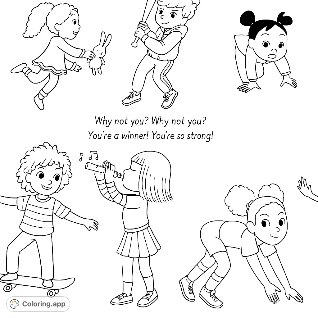 Celebrate a vibrant scene of diverse children enjoying various activities from sports to music, handstands to skateboarding. A joyful and inclusive design for all ages.