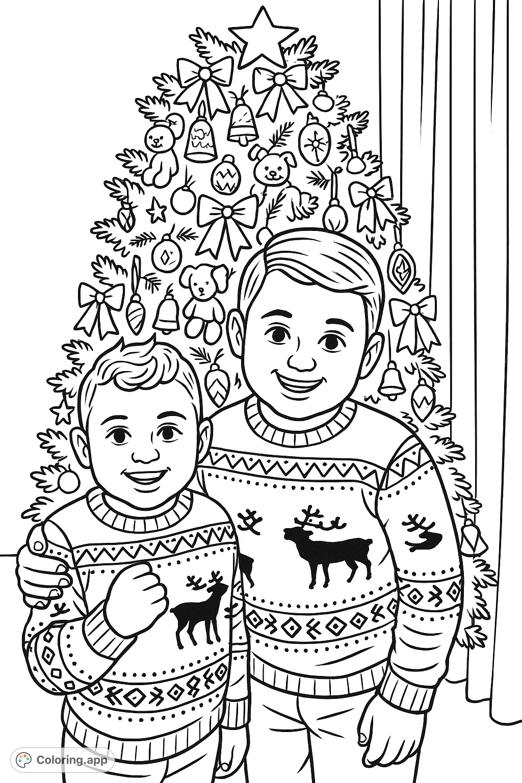Two happy boys in patterned sweaters stand before a beautifully decorated festive tree, offering a joyful and intricate holiday coloring page challenge for all ages.
