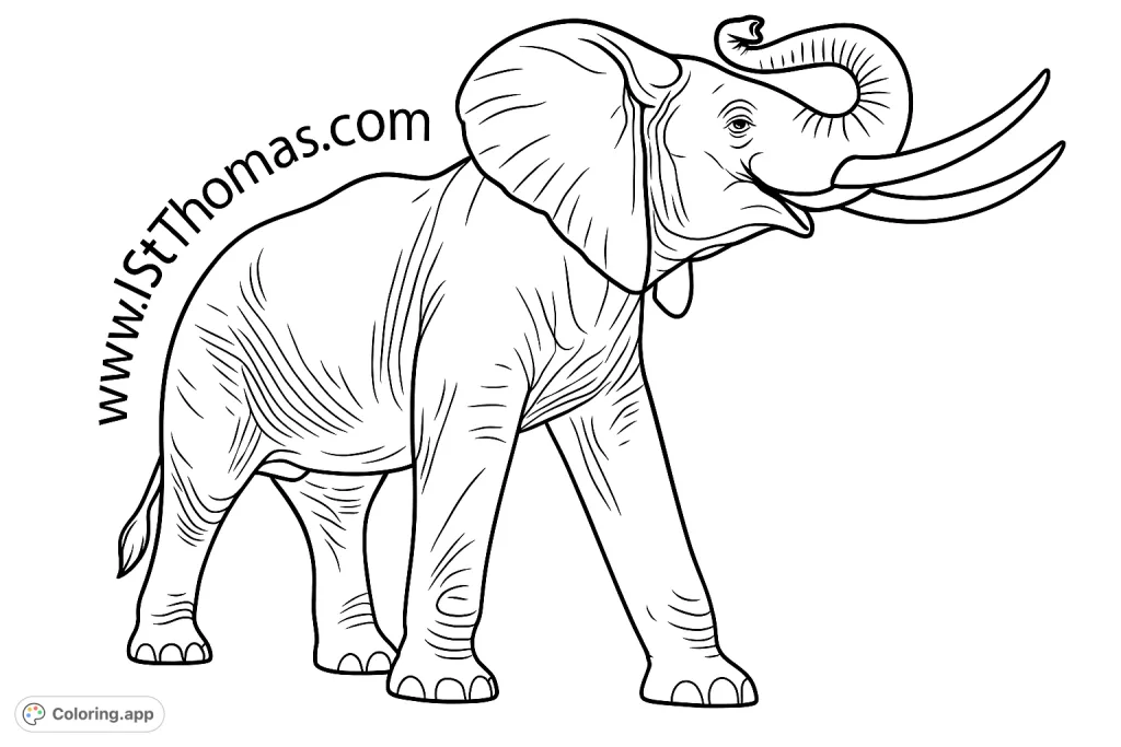 Color a magnificent elephant with its trunk raised and prominent tusks. This detailed wildlife coloring page captures the grandeur of the savanna.
