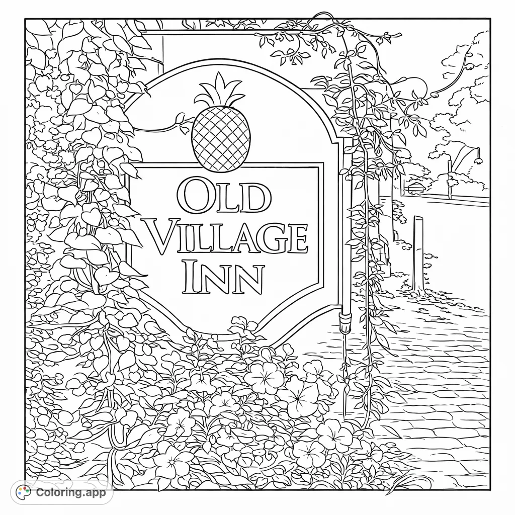 Explore a charming Old Village Inn sign, adorned with a pineapple emblem and surrounded by lush vines and blooming flowers. A delightful scene for creative coloring.