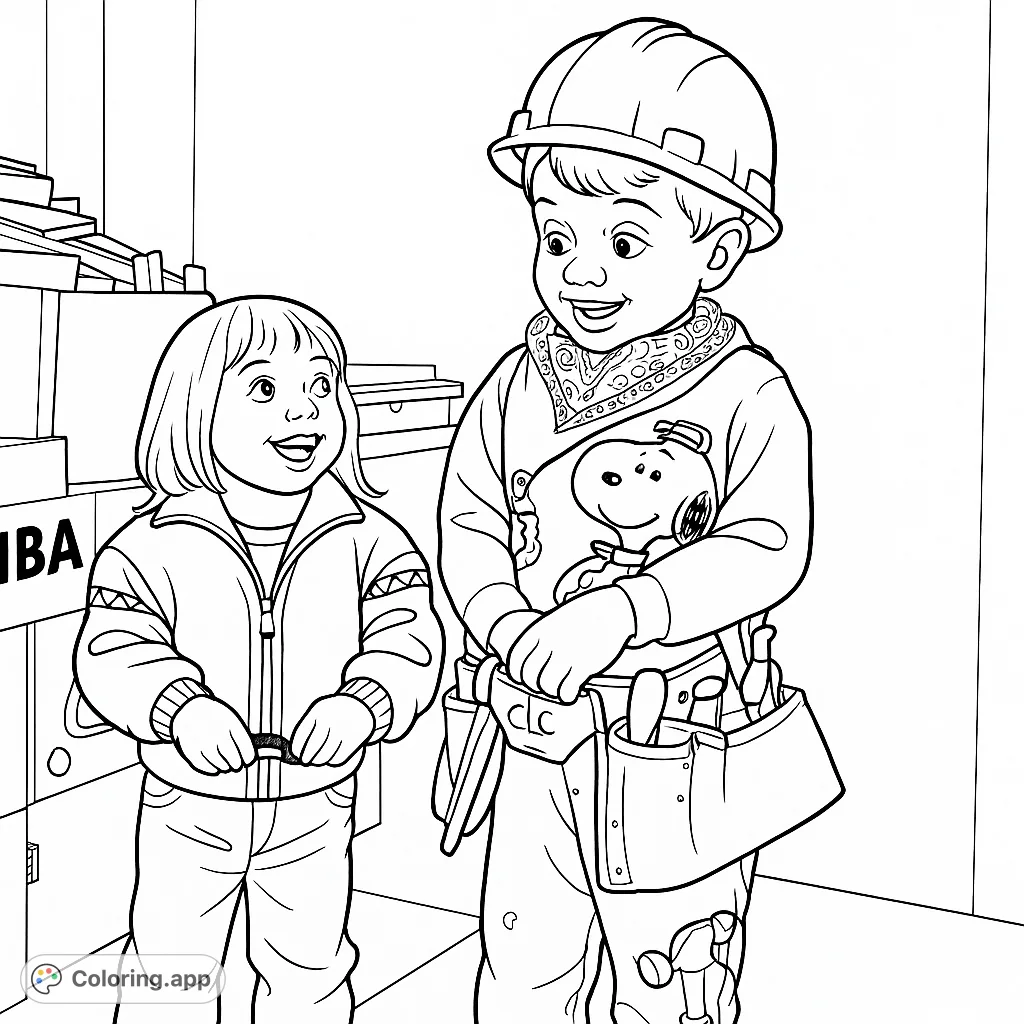 Join these imaginative young builders in their construction role-play adventure! A fun and engaging kids' coloring page featuring tools, costumes, and creative exploration.