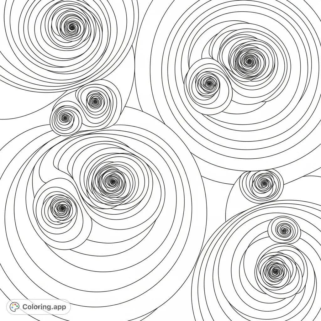 Explore a mesmerizing array of concentric and overlapping circular and elliptical curves, forming intricate spirals and a harmonious layered landscape for a calming coloring experience.