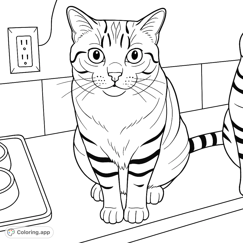 A charming striped cat coloring page, perfect for cat lovers. Explore intricate patterns and realistic details.