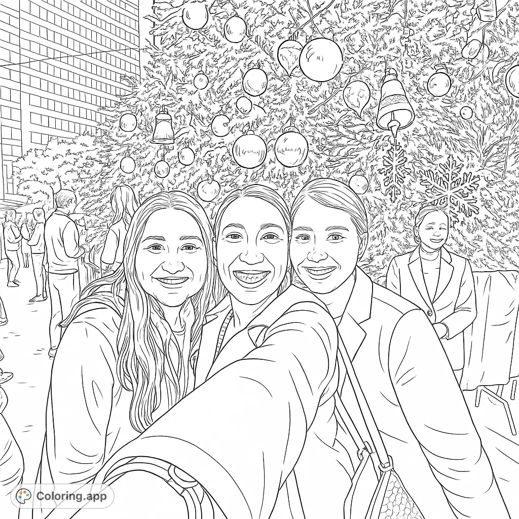 A joyful group poses for a selfie in front of a grand, decorated holiday tree, capturing festive spirits amidst urban architecture.