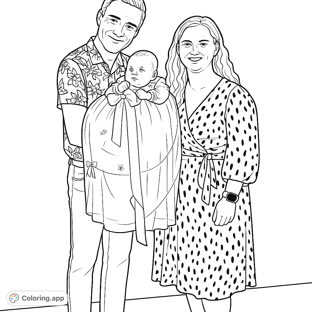 Capture a heartwarming family portrait featuring a smiling couple and their baby in a special gown. A joyful moment to bring to life with your favorite hues.
