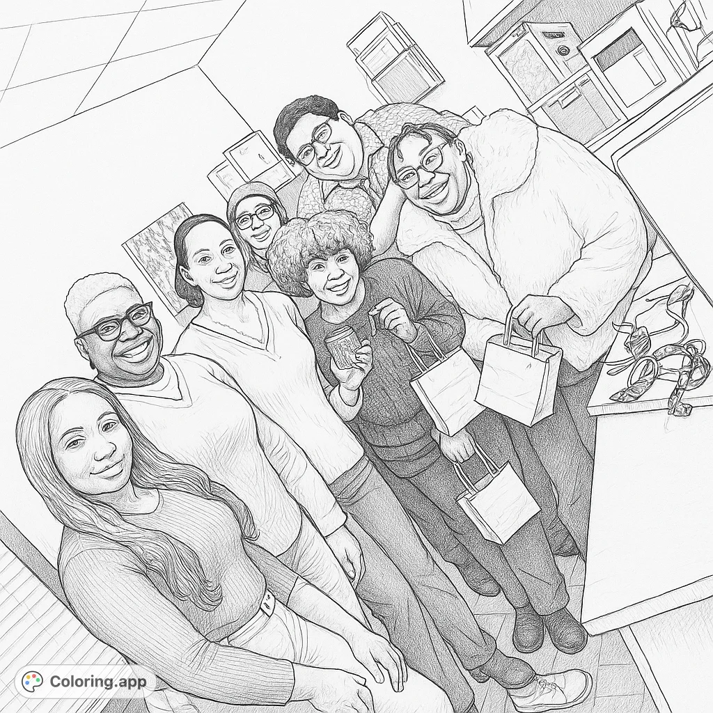Capture the essence of togetherness with this detailed group portrait coloring page, perfect for celebrating community and friendship.