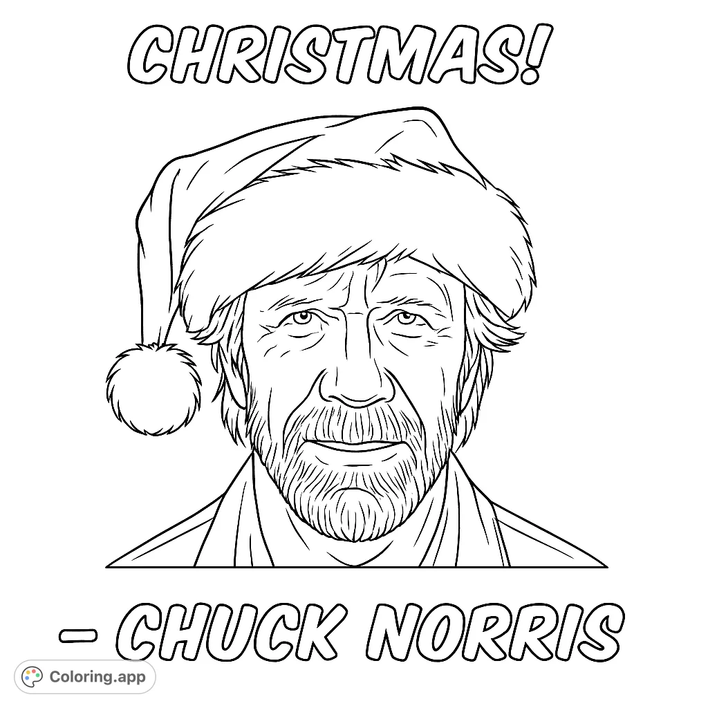 Celebrate the holidays with this free printable Chuck Norris Christmas coloring page. Features the iconic figure wearing a festive Santa hat.