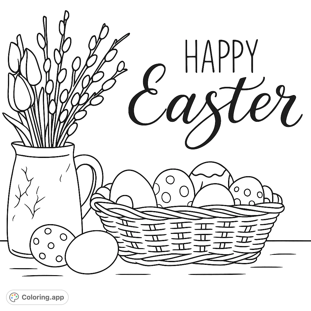 A delightful Easter still life featuring a vase of spring blooms and pussy willows, a basket brimming with decorated eggs, and cheerful lettering.
