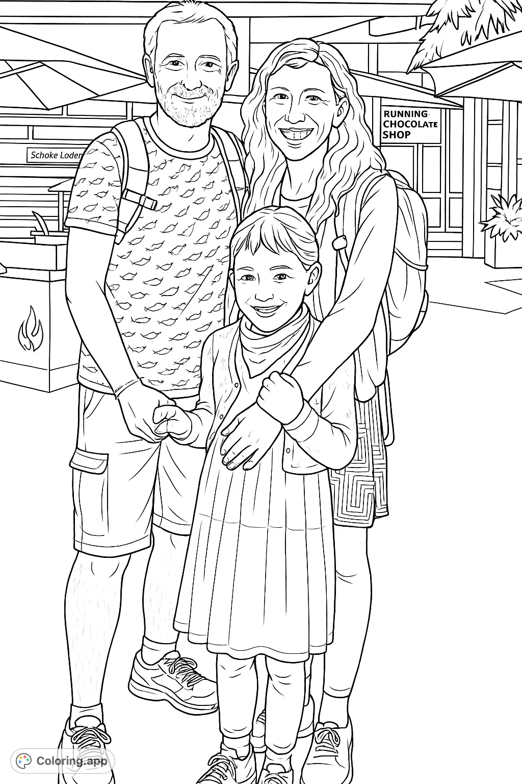 A heartwarming family portrait with a man, woman, and smiling child. Perfect for a personal touch, this free printable family coloring page captures a joyful outdoor moment.