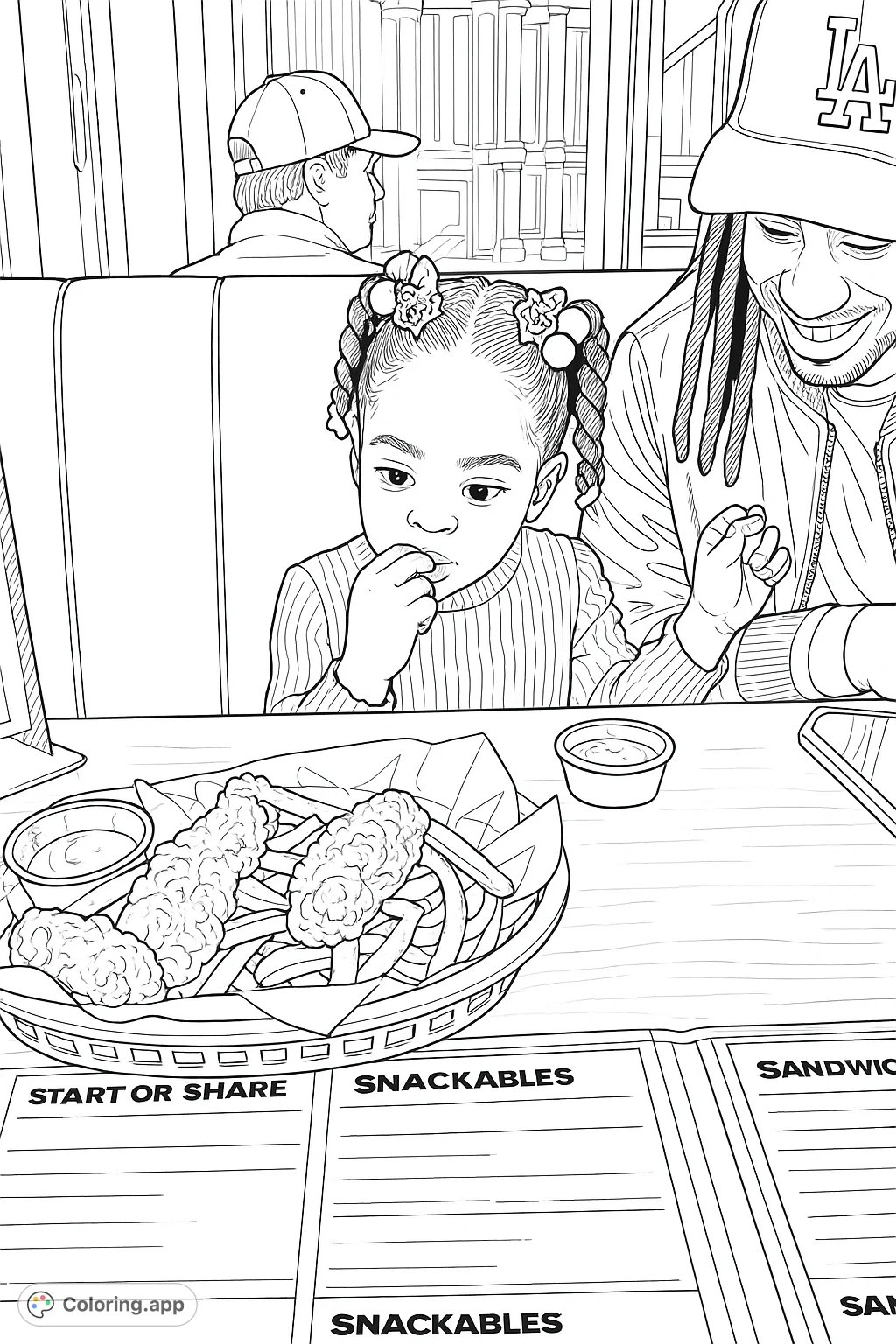 A delightful scene of a child enjoying a meal at a restaurant, complete with chicken strips, fries, and a happy companion. Perfect for a relaxing coloring experience.