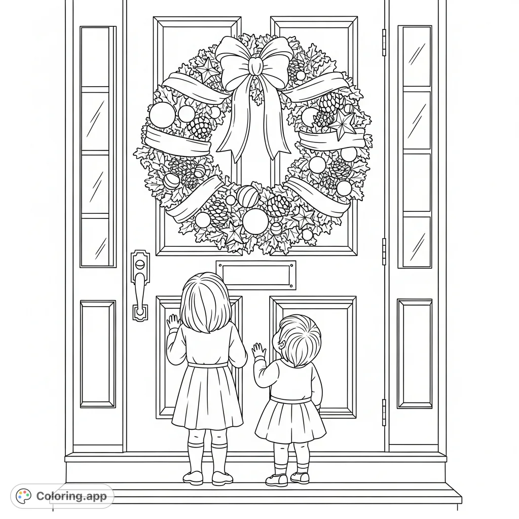 A festive Christmas scene with two children admiring a large, beautifully decorated wreath on a classic door, perfect for holiday coloring fun.