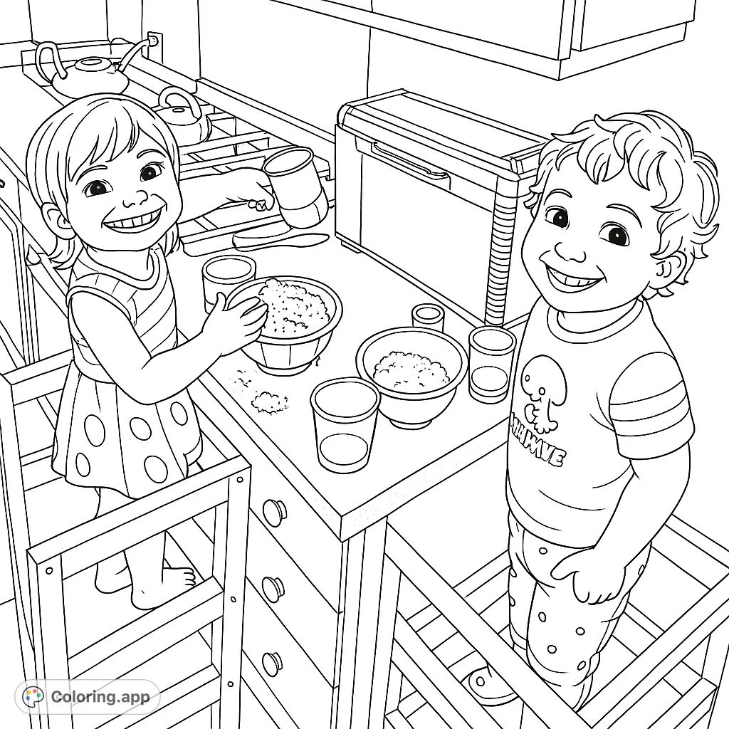 Two cheerful children enjoy a lively kitchen activity, mixing ingredients on step stools, surrounded by utensils and kitchen appliances. Perfect for young aspiring chefs!