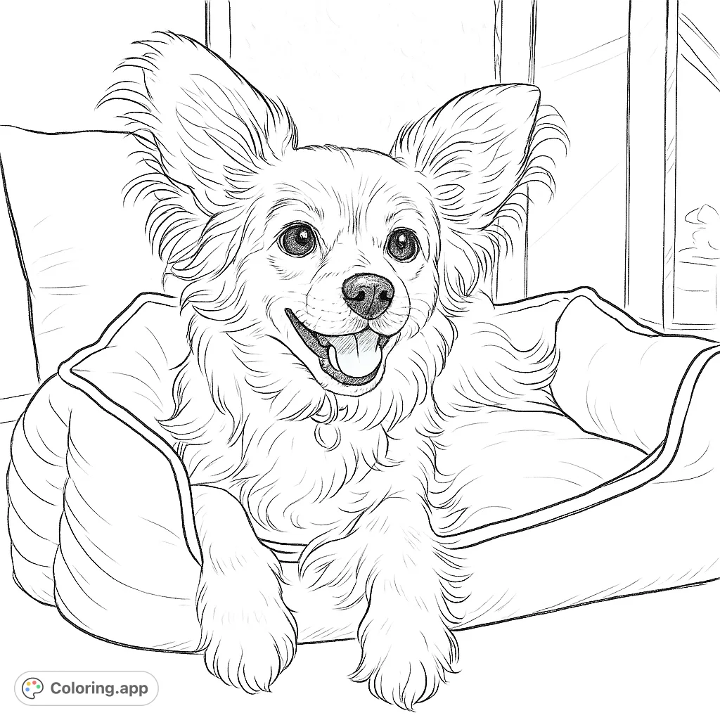 A heartwarming fluffy dog coloring page, cozily nestled in its bed with a joyful expression. Perfect for dog lovers of all ages!