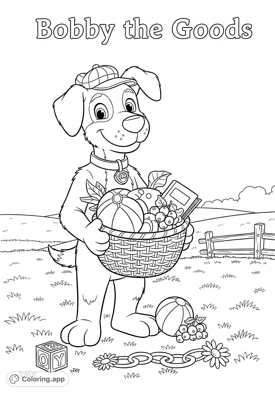 A cheerful, animal-style character, Bobby the Goods, joyfully displays a collection of whimsical items in a delightful outdoor setting, ready for coloring.