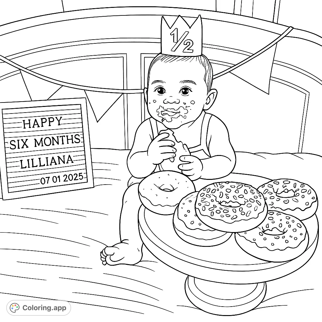 Capture the joy of a baby's half-year celebration! This adorable coloring page features a messy baby with donuts, a festive crown, and a milestone letter board.