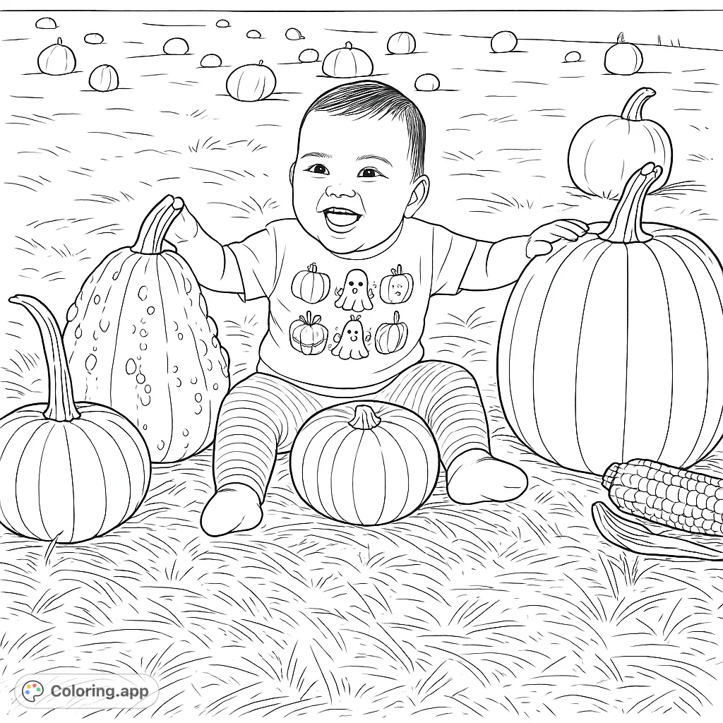 A delightful coloring page featuring a cheerful baby surrounded by pumpkins and gourds in an autumn field, perfect for seasonal fun.