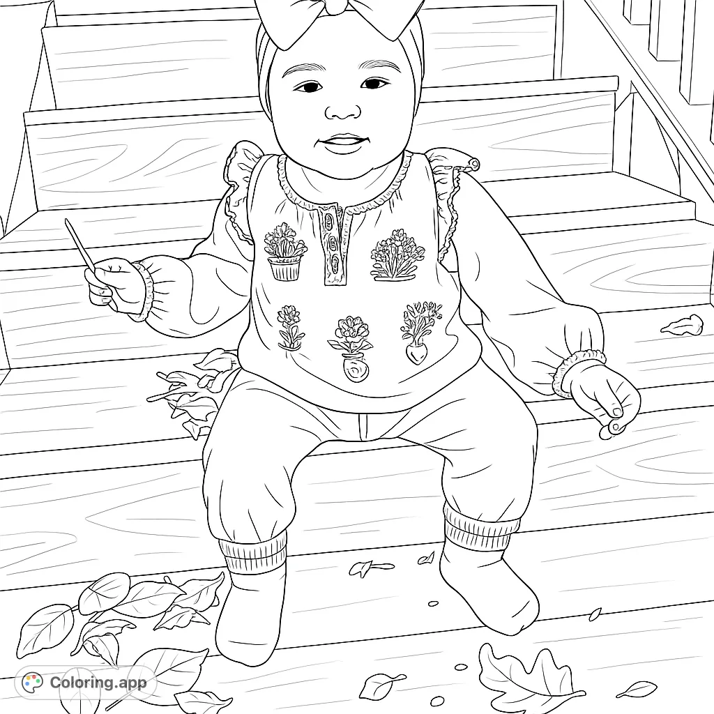 An adorable baby sits on textured wooden steps, holding a stick, with a bow headband and a floral-embroidered top. Perfect for heartwarming coloring!