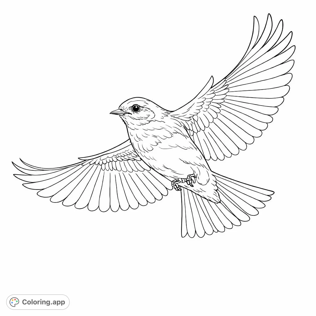 Capture the beauty of a bird in mid-flight with its wings spread wide, offering intricate feather details and a serene natural backdrop for a peaceful coloring experience.
