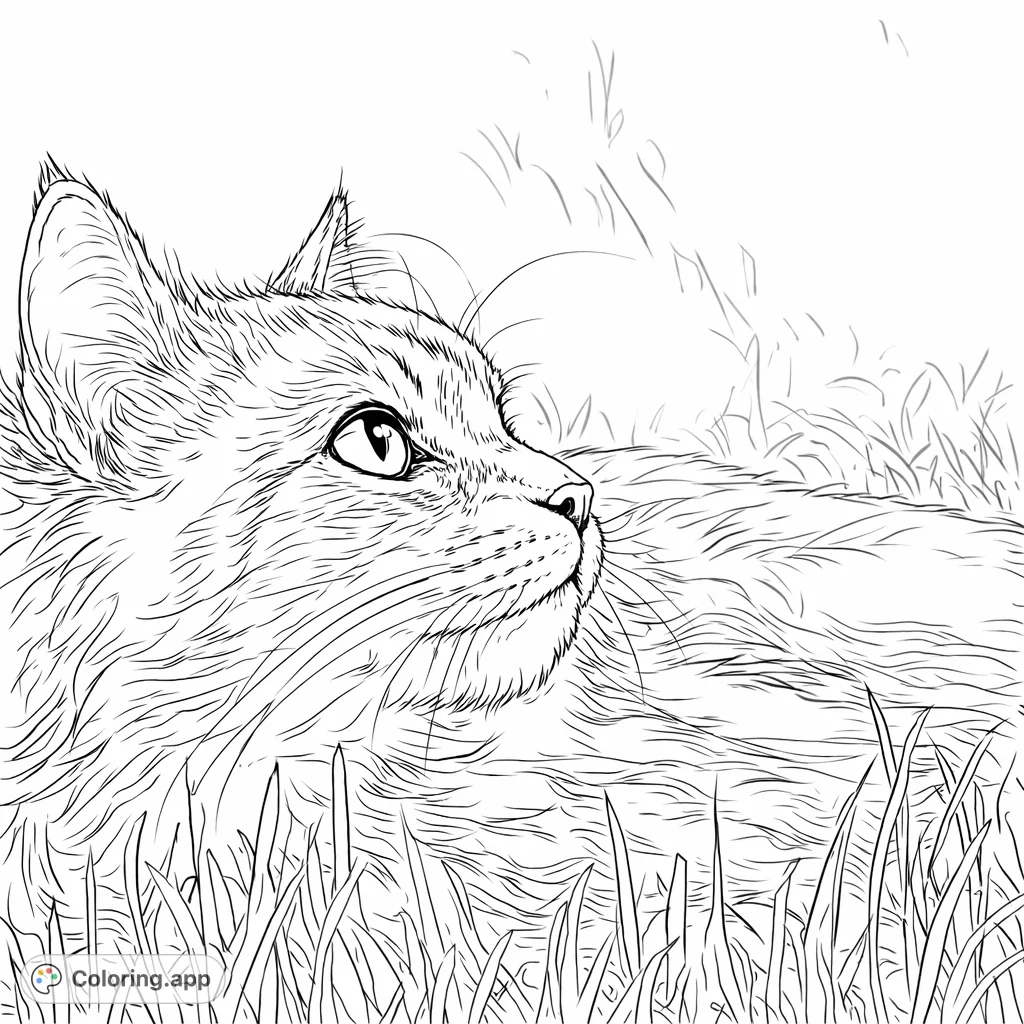Color a peaceful scene featuring a charming cat resting gracefully amidst a field of tall grass, observing its surroundings. A delightful animal coloring page.
