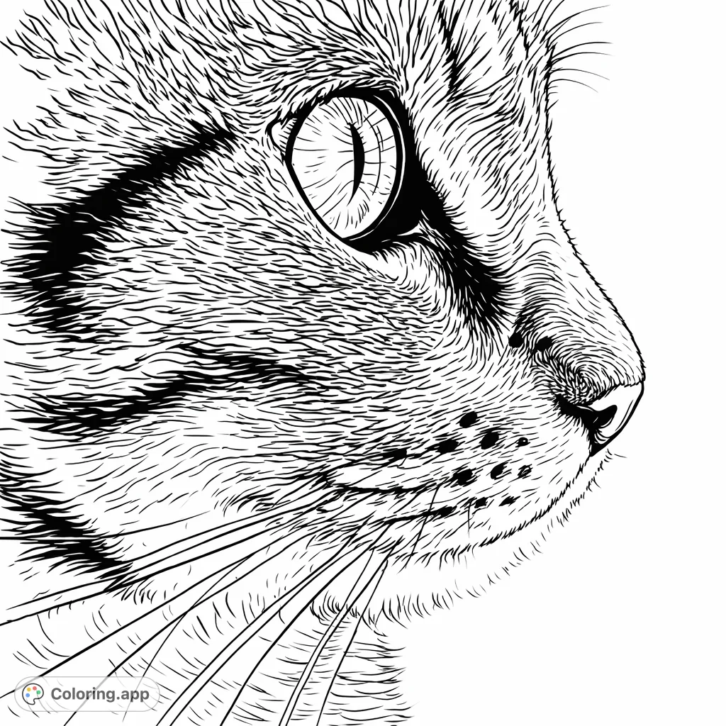 An intricate cat profile coloring page featuring detailed fur textures, a captivating eye, and flowing whiskers. Perfect for animal lovers and mindful coloring.