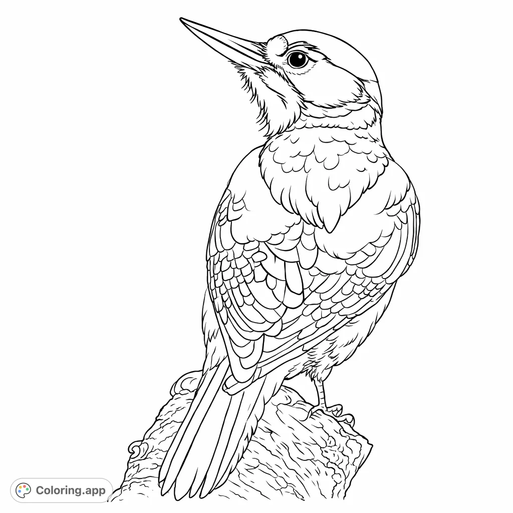 An exquisite woodpecker coloring page featuring intricate feather patterns and an alert pose on a textured tree stump, perfect for nature enthusiasts.