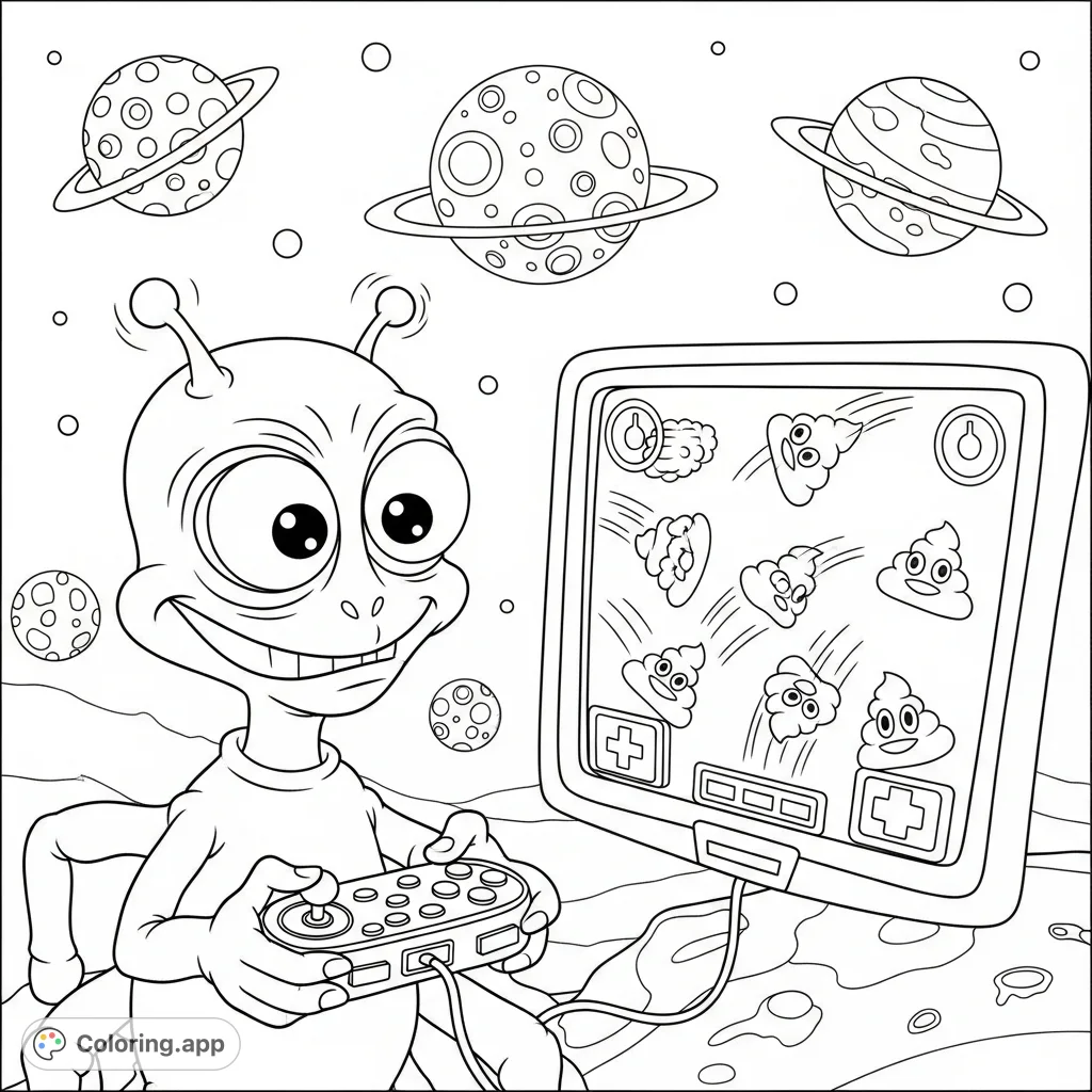 A hilarious alien plays an intergalactic game in a whimsical, wacky space setting, featuring 'poop'-themed elements and bizarre celestial objects.