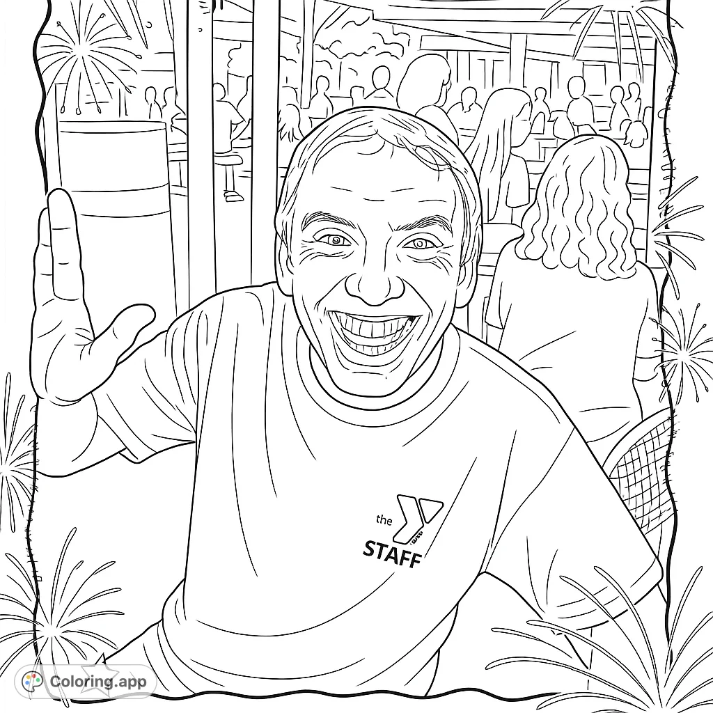 Capture a moment of pure happiness with this coloring page featuring a smiling man with a raised hand against a lively outdoor backdrop.