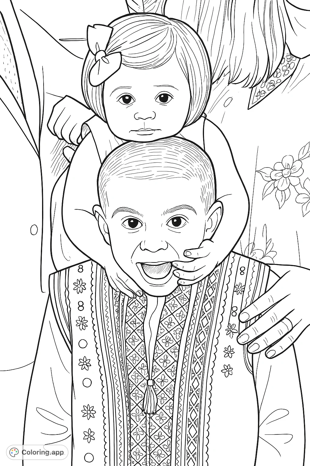 A heartwarming siblings coloring page featuring a younger girl perched playfully on her older brother's head, both displaying delightful expressions and unique attire.