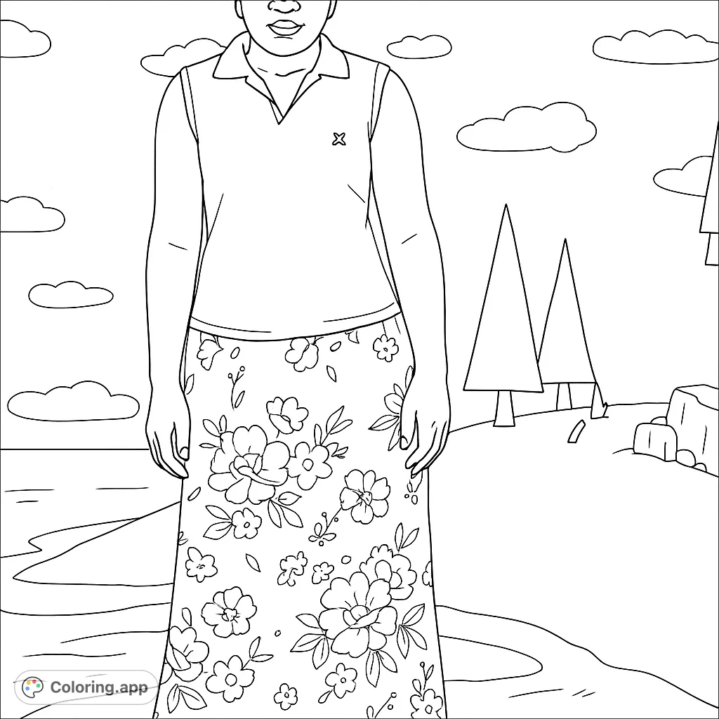 Color a person in a floral skirt against a charming painted backdrop featuring rolling hills, stylized trees, and cloud formations. A delightful scene for creative expression.