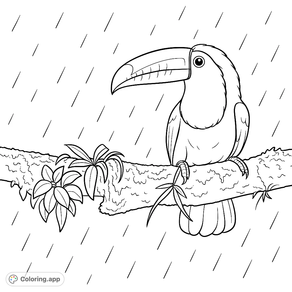 Discover a magnificent toucan perched on a mossy branch amidst falling rain. This detailed rainforest scene invites vibrant coloring.